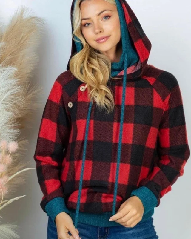 Buffalo Check Plaid Hoodie Hoodie with Toggle Buttons Decorative Unique