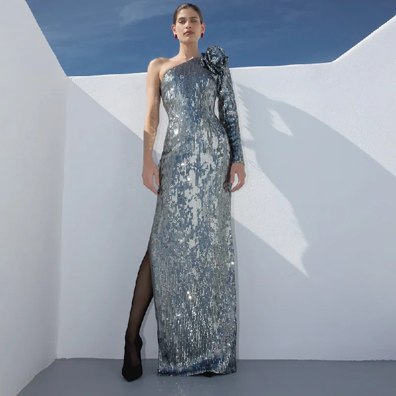 IKEARLAX new silver dress premium sequins new banquet wholesale party dress elegant long dress autumn and winter Tunics Office stylish