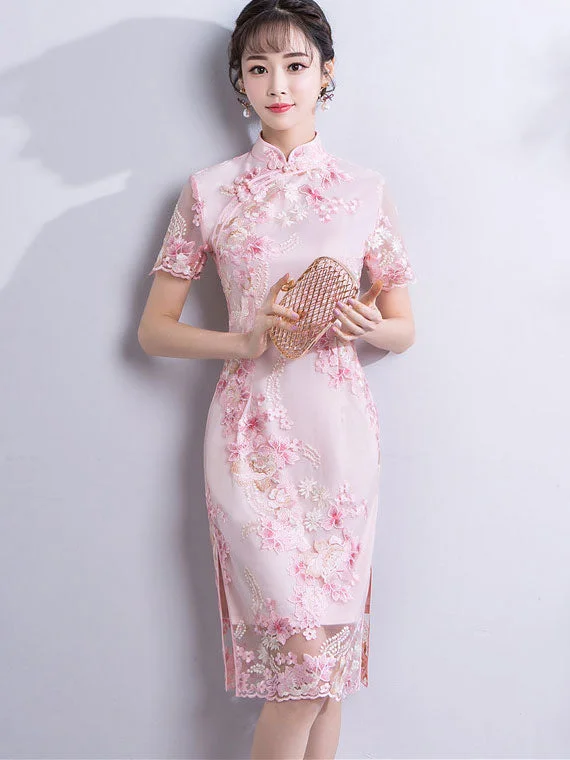 Pink Embroidered Short Modern Qipao Cheongsam Party Dress Tunics Floral girly