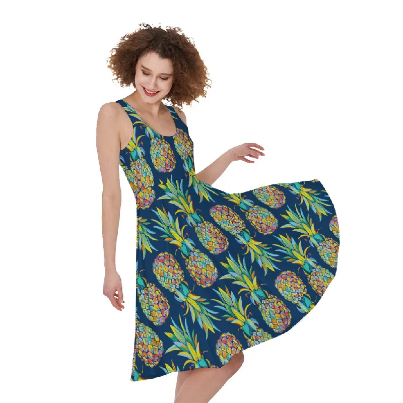 Colorful Pineapple Pattern Print Sleeveless Knee Length Dress Tunics Formal black