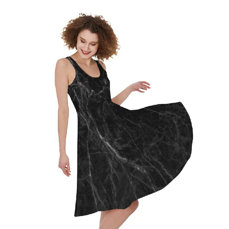 Black Grey Dark Marble Print Sleeveless Knee Length Dress Tunics Travel practical