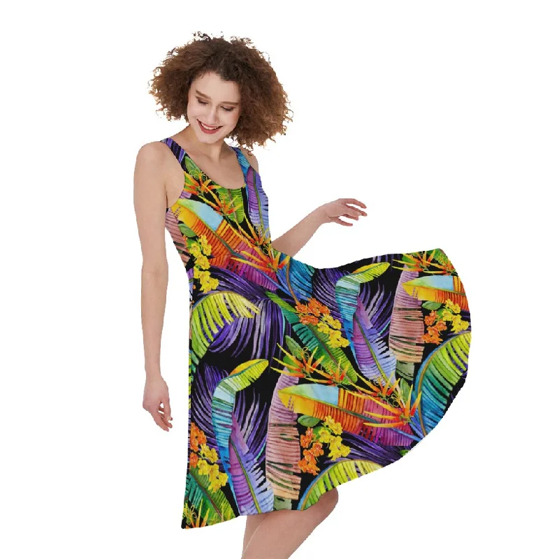 Colorful Leaves Tropical Pattern Print Sleeveless Knee Length Dress Tunics Custom made