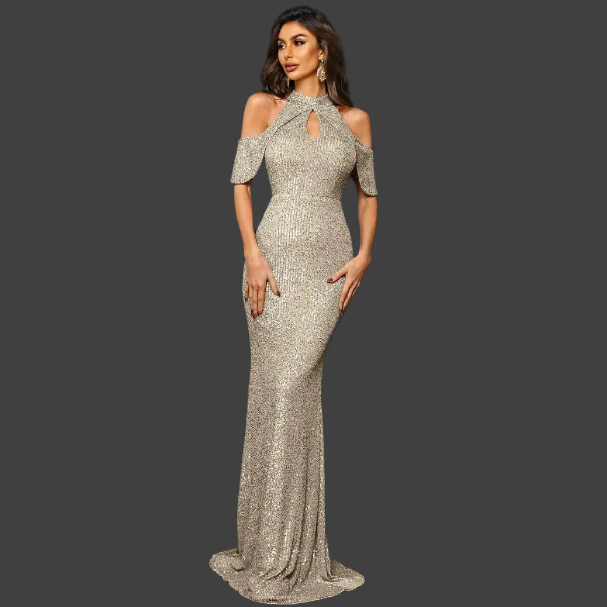 Missord Rose Gold Sequin Evening Dresses Women Elegant High Collar Raglan Sleeve Cut-Out Bodycon Maxi Party Dress Long Prom Gown Tunics Occasion special