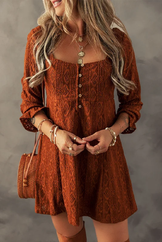 Chestnut Lace Crochet Buttoned Square Neck Mini Dress Comfortable Off-Shoulder Mini Dress