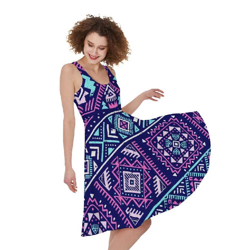 Blue And Pink Aztec Pattern Print Sleeveless Knee Length Dress Tunics New arrival