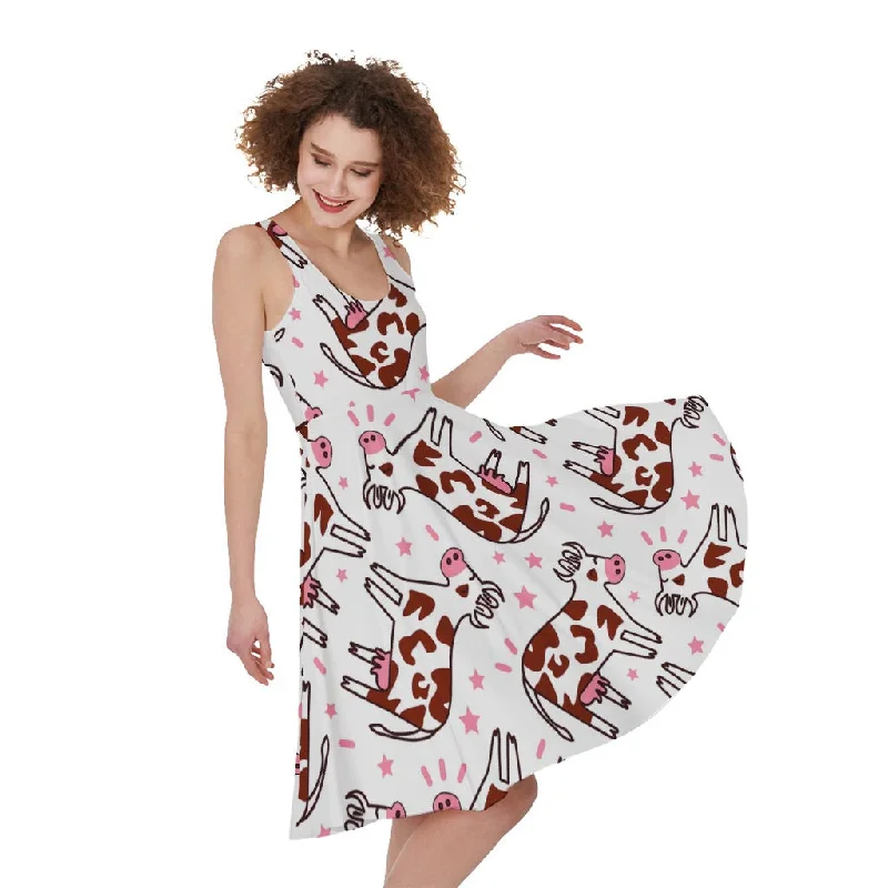 Cartoon Happy Dairy Cow Pattern Print Sleeveless Knee Length Dress Tunics Fleece cozy