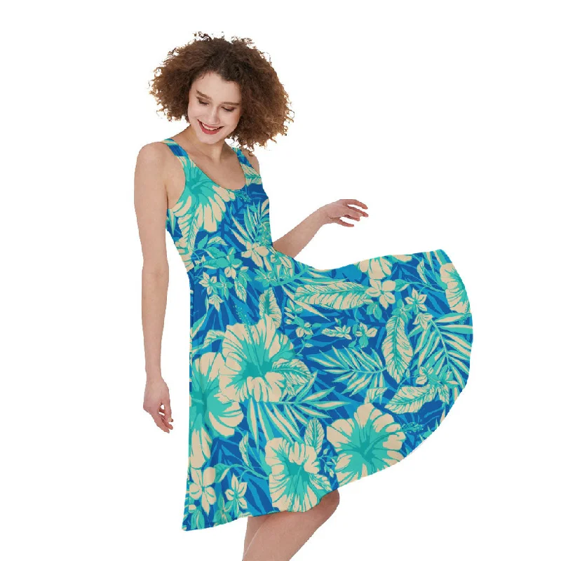 Blue Blossom Tropical Pattern Print Sleeveless Knee Length Dress Tunics Summer linen