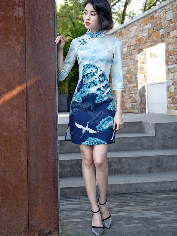 Blue Vintage Printed Short Qipao / Cheongsam Party Dress Tunics Prom sequined