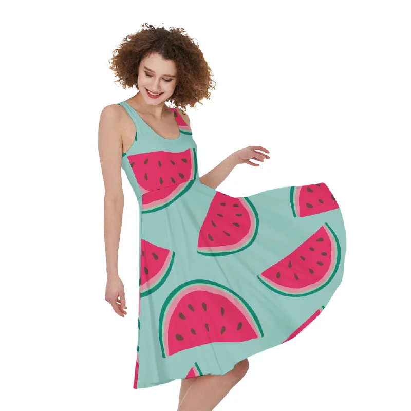 Blue Cute Watermelon Pattern Print Sleeveless Knee Length Dress Tunics Business professional