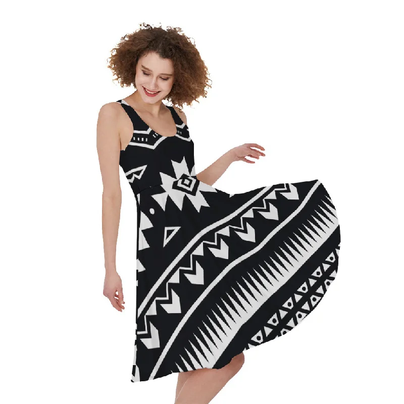 Black And White Aztec Pattern Print Sleeveless Knee Length Dress Tunics New arrival
