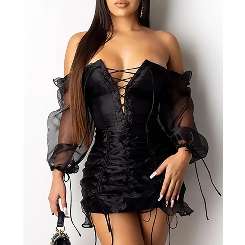 FashionSierra - Lace Up Mesh Sleeve Dress Women Ruched Design Long Sleeve Bodycon Party Dress Summer Off Shoulder Sexy Mini Dresses Tunics Sophisticated sleek