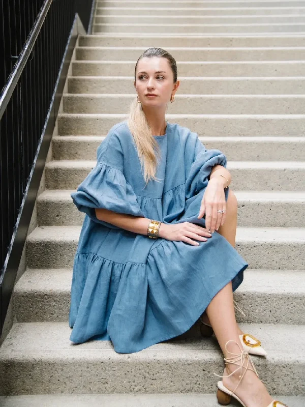 Slow fashion women linen dress - French Blue empire Waist empire