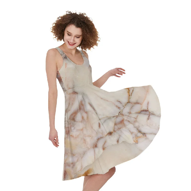 Brown Beige Marble Print Sleeveless Knee Length Dress Tunics Sale discount