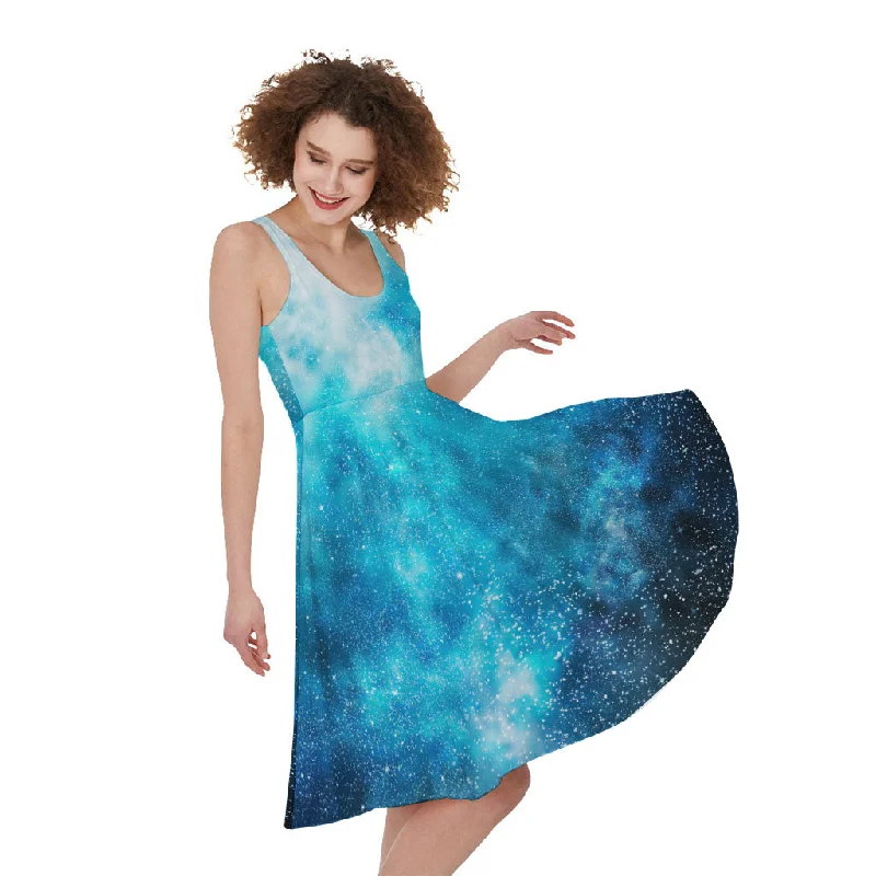 Blue Sky Universe Galaxy Space Print Sleeveless Knee Length Dress Boatneck Modish Everyday