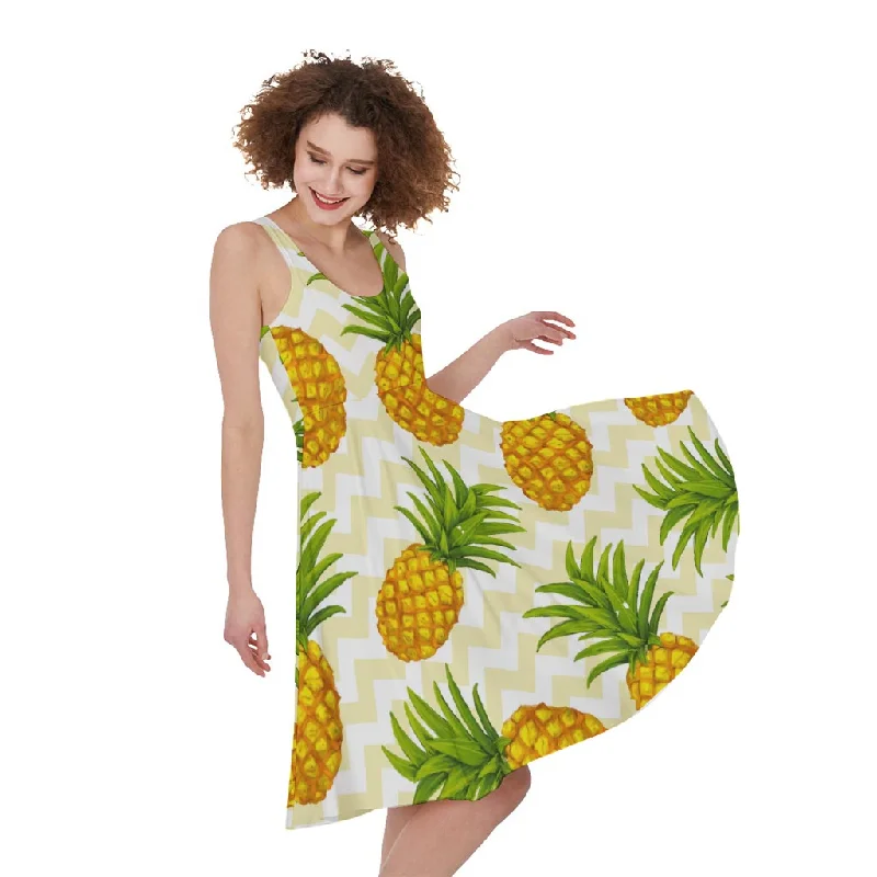 Beige Zig Zag Pineapple Pattern Print Sleeveless Knee Length Dress Tunics Practical easy-care