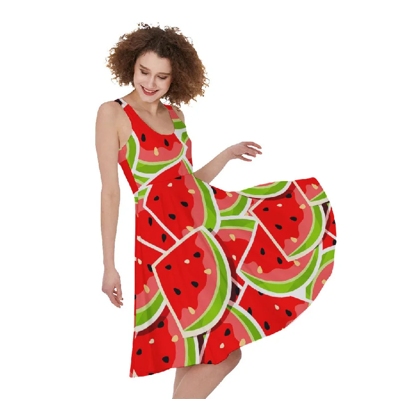 Cute Watermelon Slices Pattern Print Sleeveless Knee Length Dress Floral Print girly