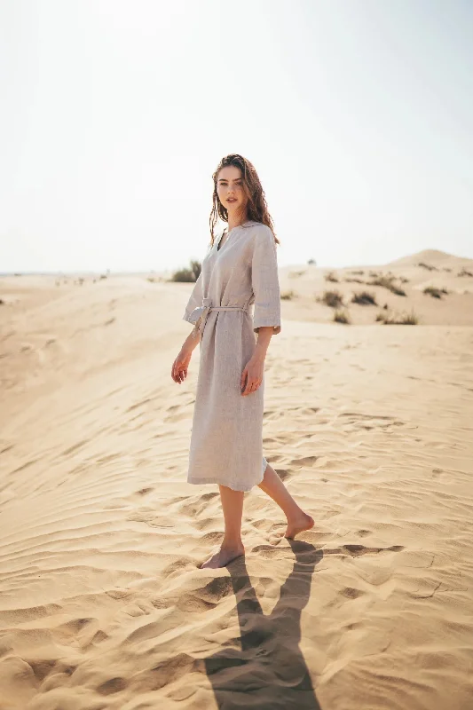Aria - Straight Belted Midi Linen Dress Tunics Travel practical