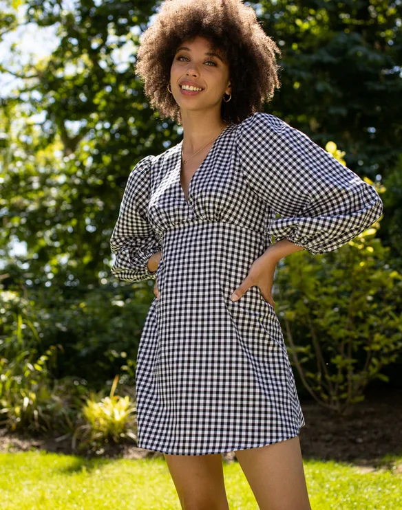 Open Back Long Sleeve Mini Dress in Gingham Mono | Pippa Cozy Cowl Neck Mini Dress