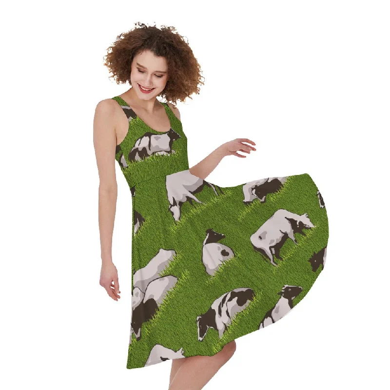 Cow On Green Grass Pattern Print Sleeveless Knee Length Dress Tunics Lace romantic