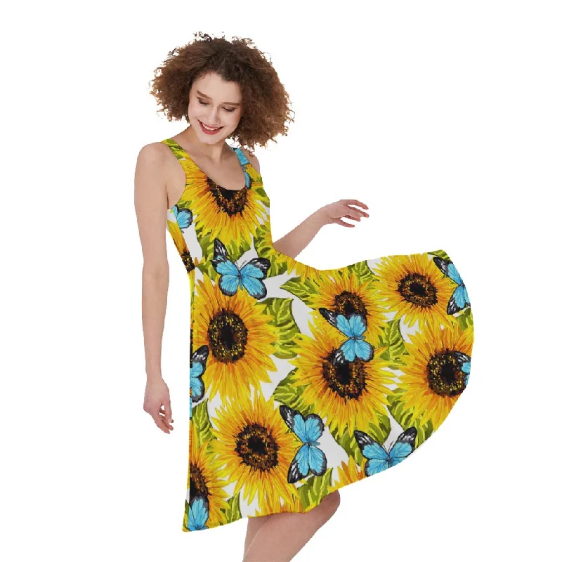Blue Butterfly Sunflower Pattern Print Sleeveless Knee Length Dress Tunics Prom sequined