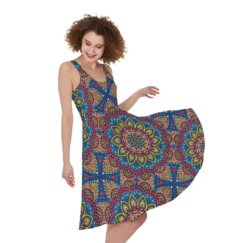 Colorful Bohemian Mandala Pattern Print Sleeveless Knee Length Dress Bodycon Club Sequined