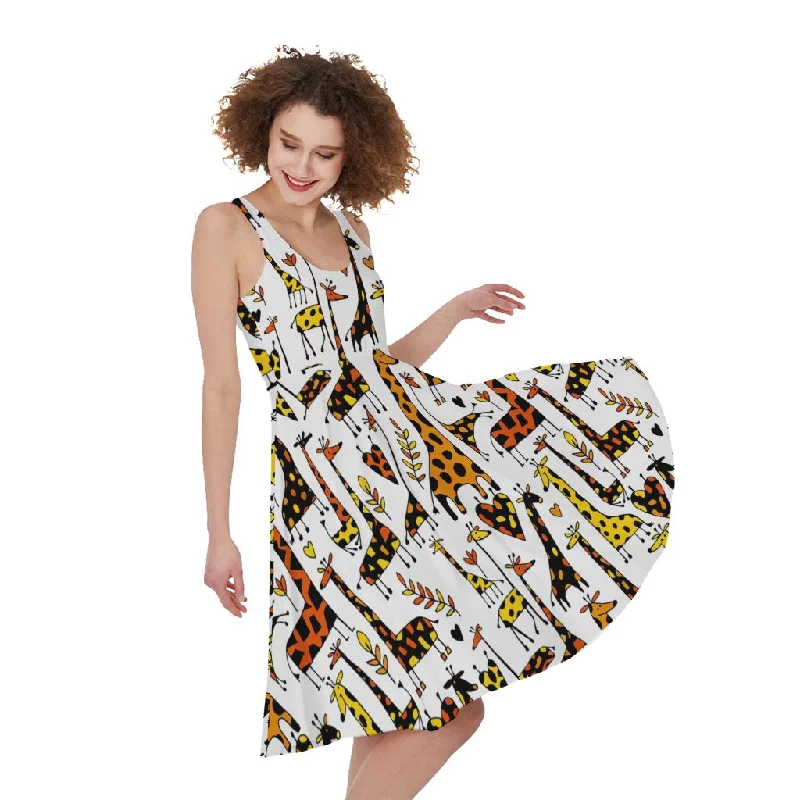 Cartoon Giraffe Pattern Print Sleeveless Knee Length Dress Tunics Distressed trendy