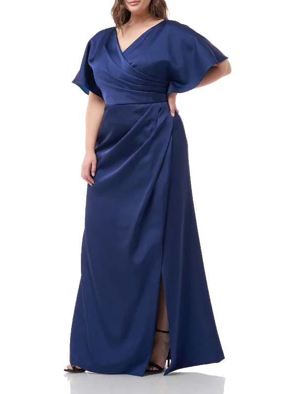 Plus Womens Satin Pleated Evening Dress Tunics Chic elegant