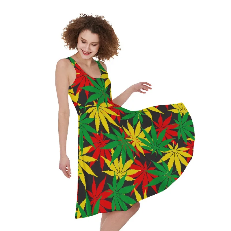 Classic Hemp Leaves Reggae Pattern Print Sleeveless Knee Length Dress sweetheart Neckline Romantic
