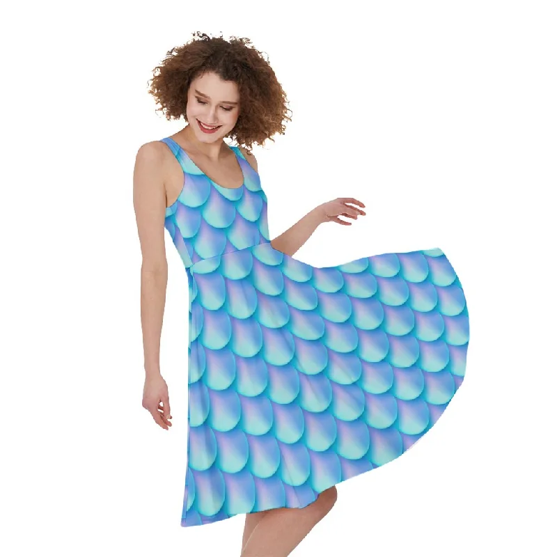 Blue Neon Mermaid Scales Pattern Print Sleeveless Knee Length Dress Tunics Polka dots
