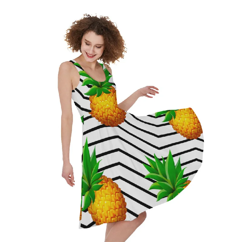 Black Geometric Pineapple Pattern Print Sleeveless Knee Length Dress Tunics Occasion special