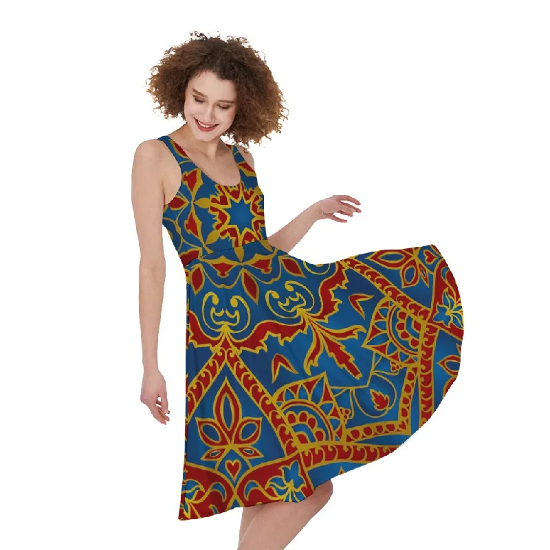 Bohemian Indian Mandala Pattern Print Sleeveless Knee Length Dress Tunics Luxurious premium Bohemian Indian Mandala Pattern Print Sleeveless Knee Length Dress Tunics Luxurious premium