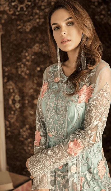 Light Blue Stitched Chiffon Designer Replica Party Dress Satin Halter Glamorous