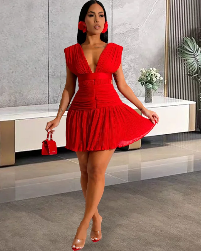 Scarlet Red Pleated Satin Mini Dress Comfortable One-Shoulder Mini Dress