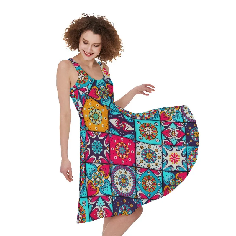 Bohemian Indian Mandala Patchwork Print Sleeveless Knee Length Dress Tunics Practical durable Bohemian Indian Mandala Patchwork Print Sleeveless Knee Length Dress Tunics Practical durable
