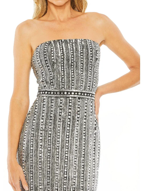 Womens Embellished Strapless Cocktail And Party Dress Boat Neckline Classic
