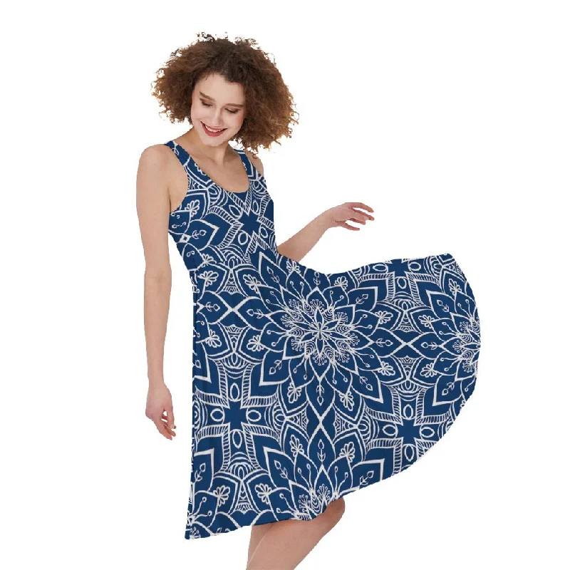 Blue And White Bohemian Mandala Print Sleeveless Knee Length Dress Tunics Designer luxury