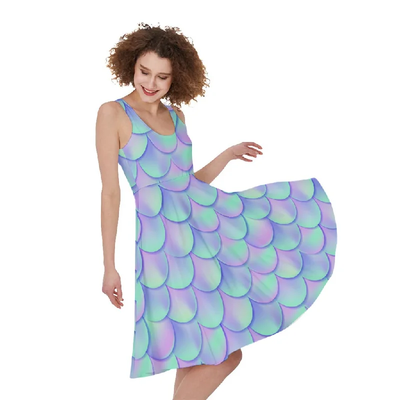 Blue Mermaid Scales Pattern Print Sleeveless Knee Length Dress Tunics Mesh breathable