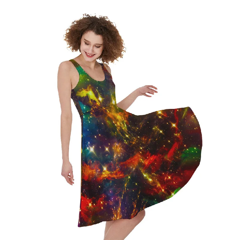 Colorful Universe Galaxy Space Print Sleeveless Knee Length Dress Tunics Chinos classic