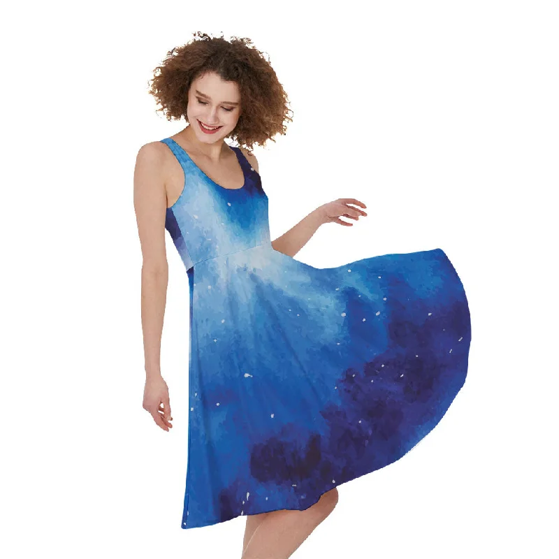 Dark Blue Galaxy Space Print Sleeveless Knee Length Dress Casual Short Summer