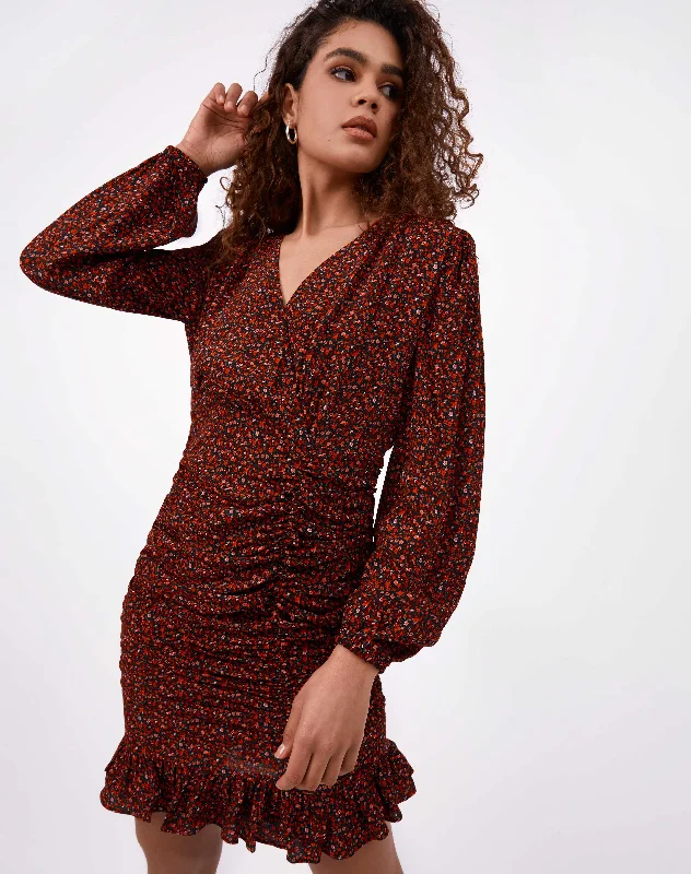 Long Sleeve Ruched Mini Dress in Red Ditsy Floral | Ruby Chic Bohemian Mini Dress