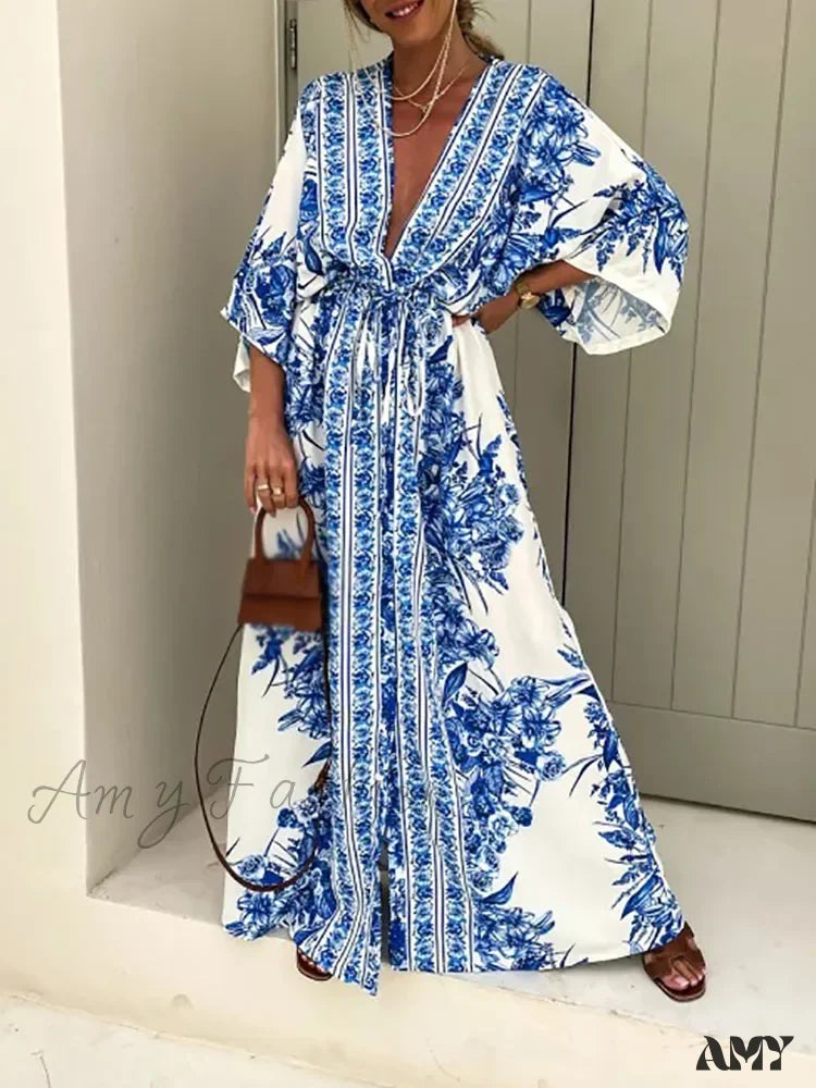 Amy Fashion - Deep V Neck Waist Drawstring Spring Pattern Vintage Boho Dress Tunics Luxurious high-end