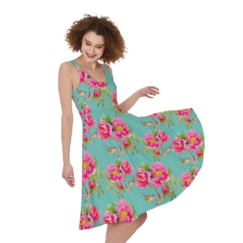 Bird Pink Floral Flower Pattern Print Sleeveless Knee Length Dress Tunics Luxurious high-end