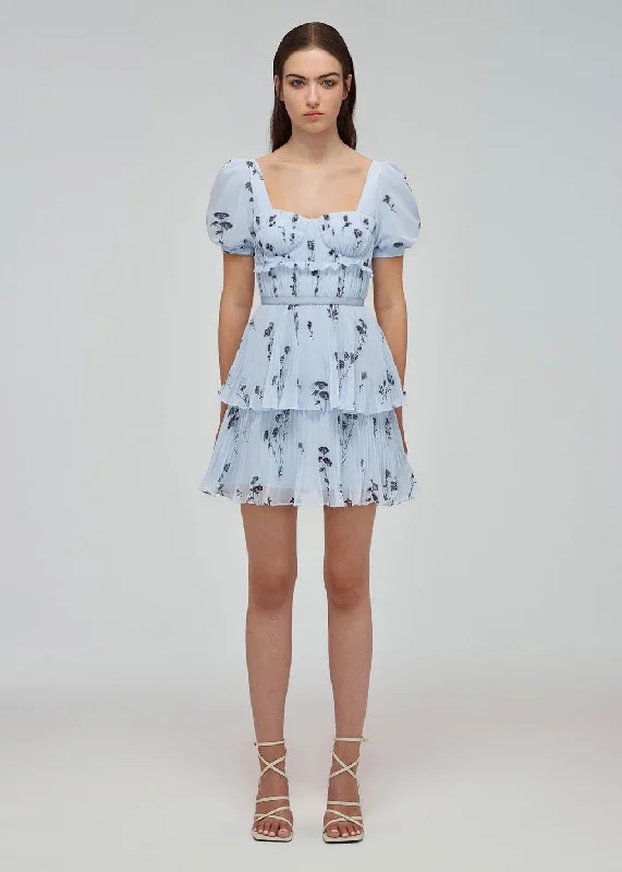 Floral Silhouette Chiffon Tiered Mini Dress (Blue) Cozy Knitted Mini Dress