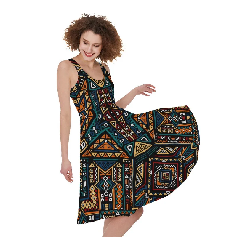 Boho Tribal Aztec Pattern Print Sleeveless Knee Length Dress Tunics Trendy modern