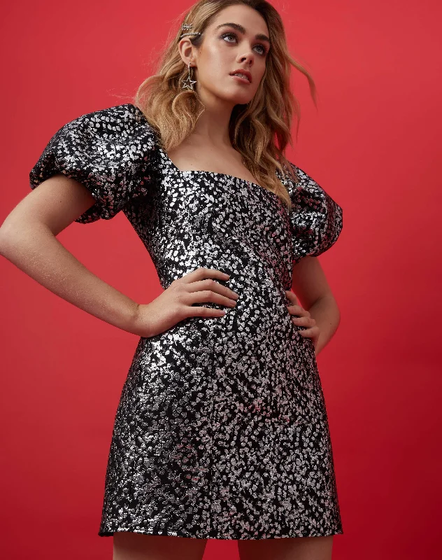 Foil Jacquard Puff Sleeve Square Neck Mini Dress in Black Silver | Brianna Fashionable Polka Dot Mini Dress