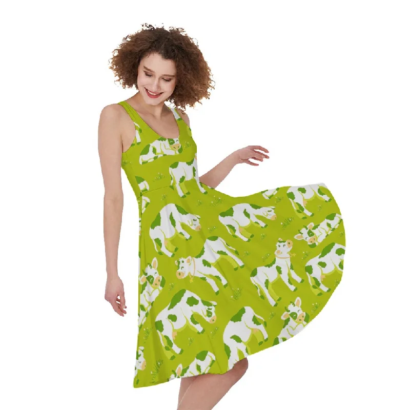 Cute Smiley Cow Pattern Print Sleeveless Knee Length Dress Pencil Office Professional
