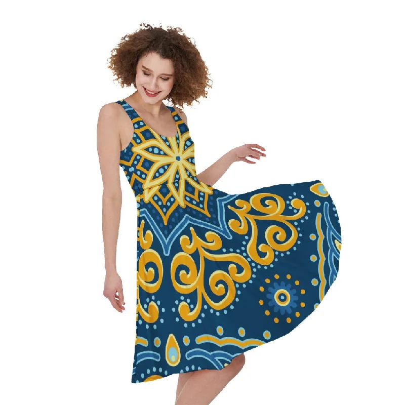 Blue And Gold Bohemian Mandala Print Sleeveless Knee Length Dress Tunics Bestseller popular