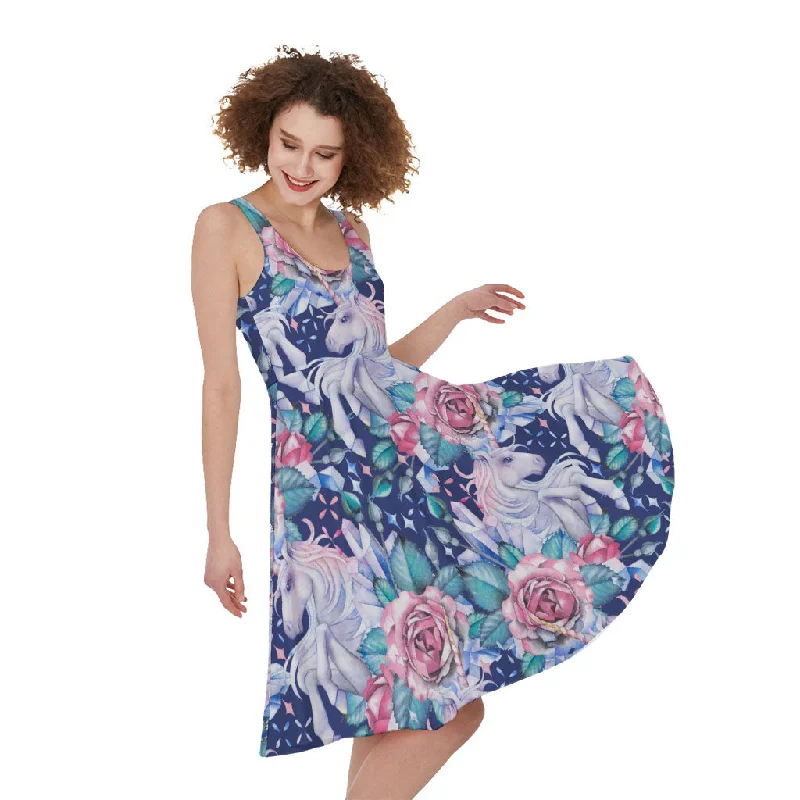Blue Fairy Rose Unicorn Pattern Print Sleeveless Knee Length Dress Tunics Leisure comfortable