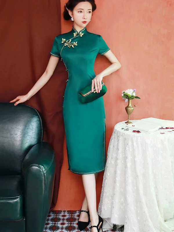 Green Silk Tea-Length Qipao / Cheongsam Party Dress Tunics Mesh breathable