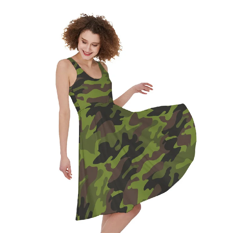 Dark Green And Black Camouflage Print Sleeveless Knee Length Dress Tunics Luxurious high-end